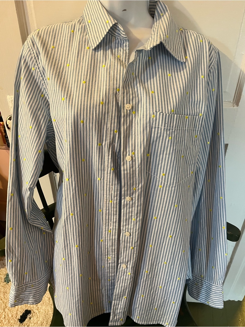 Blue Stripe Button-Up Shirt with Yellow Dot Embroidery